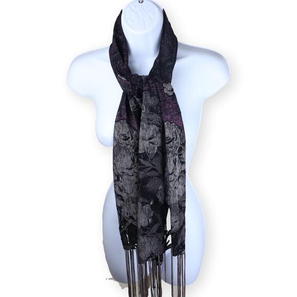 Gray Brown Colorblock Floral Fringe Rectangle Scarf 40x26 - Picture 1 of 7